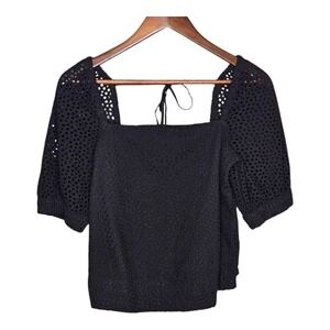 Everlane Eyelet Top Square Neck Puff Sleeve Boho Blouse Black Womens Size S